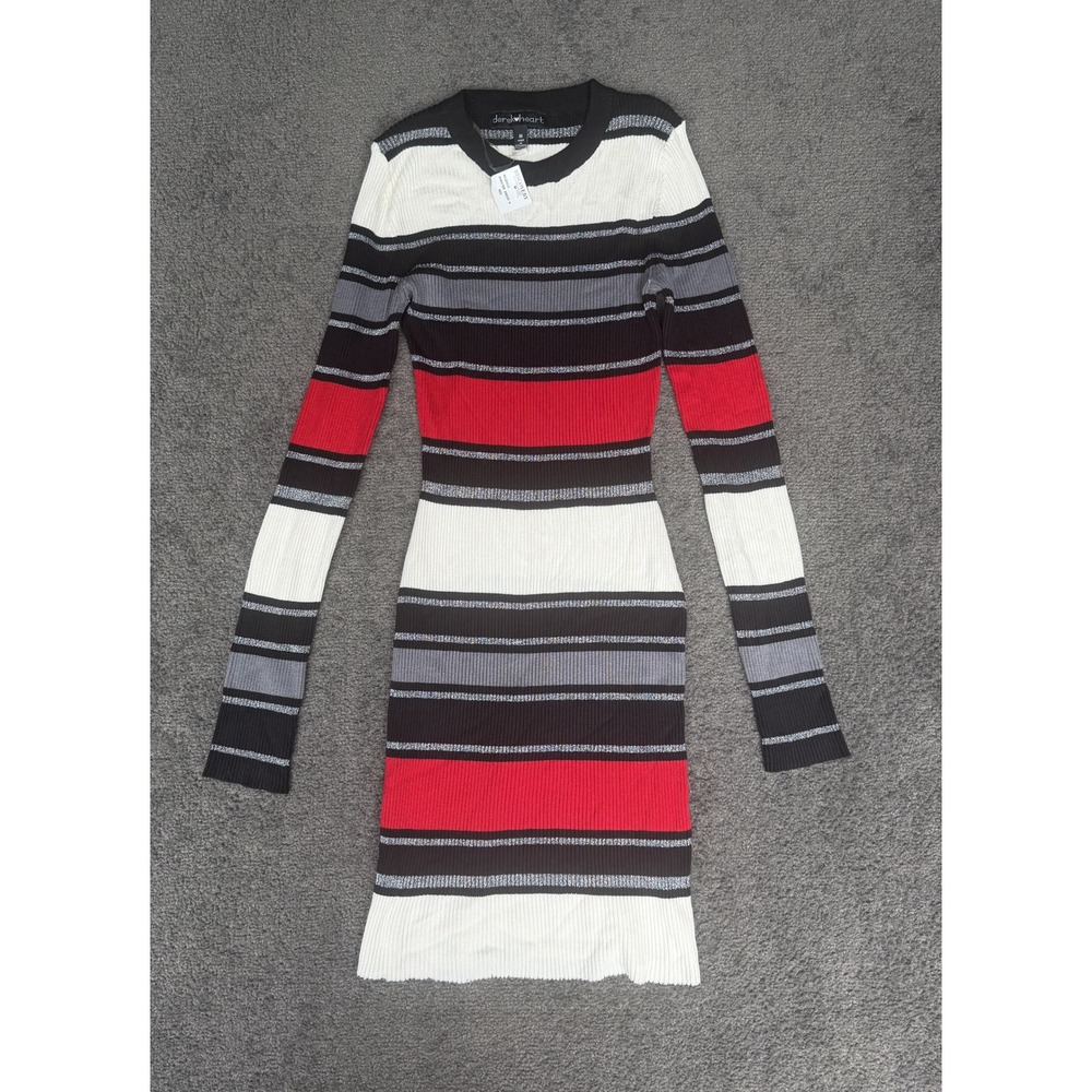 Derek Heart Striped Metallic Ribbed Long Sleeve Sweater Dress Red Black White M